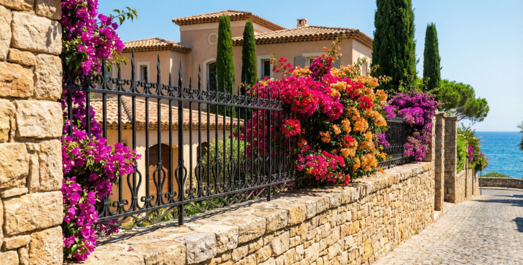 Alternative au mur cloture saint tropez : grille en fer forgé sur muret