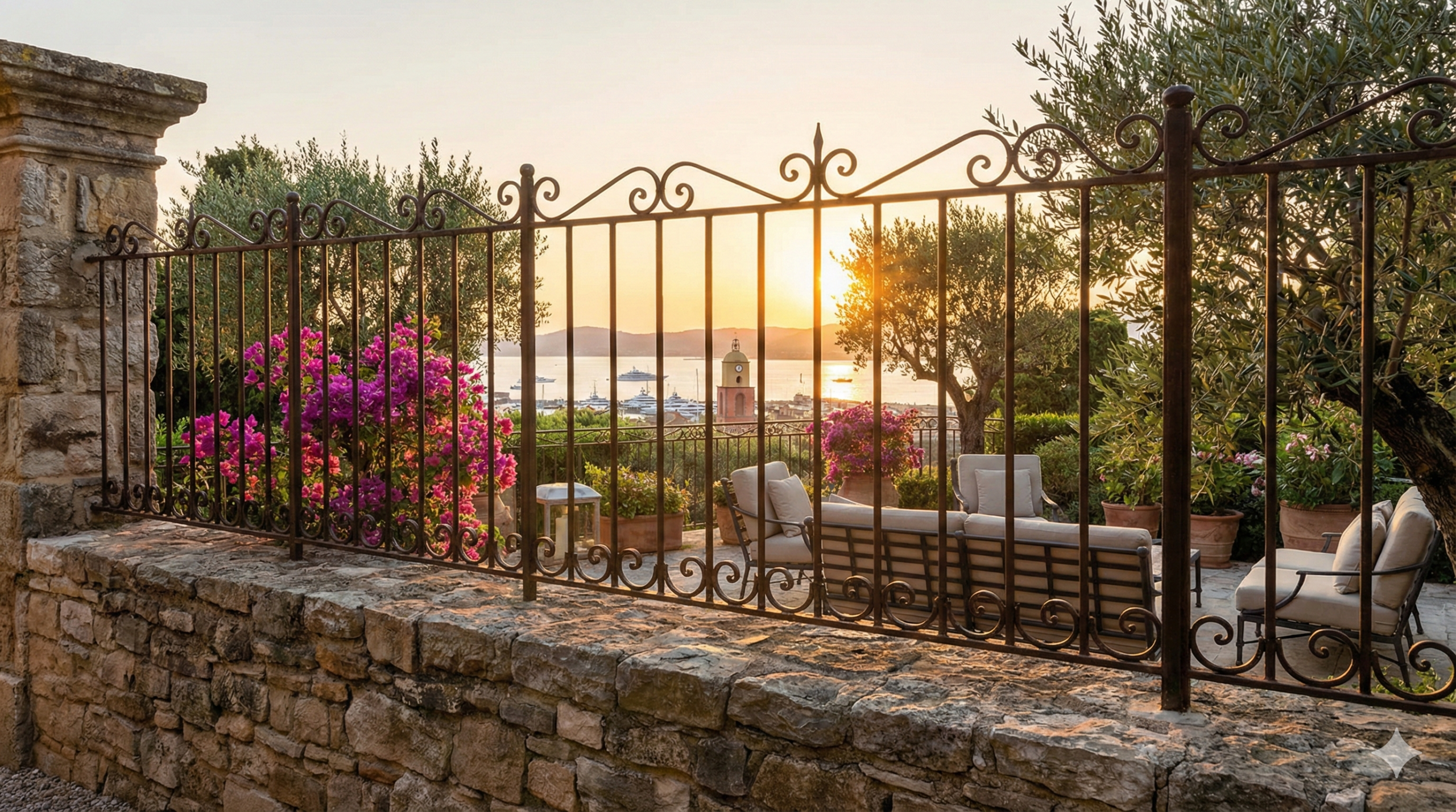Alternative au mur cloture saint tropez : grille en fer forgé sur muret
