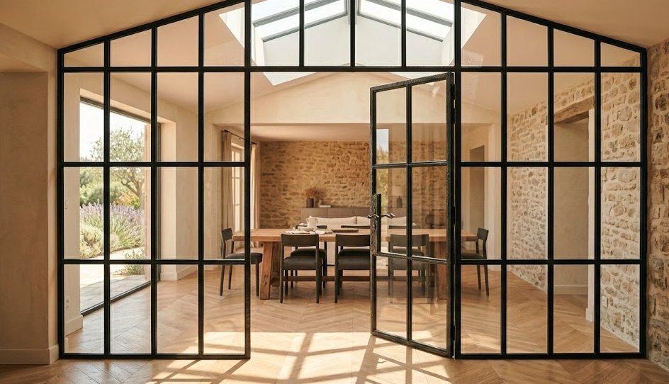 verrière intérieure fer forgé avec porte intégrée style atelier maison de caractère Var