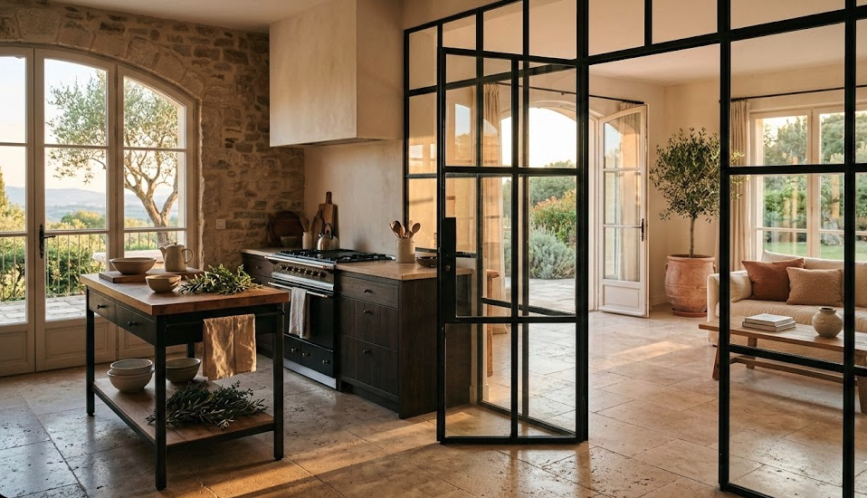 verrière cuisine salon fer forgé noir mat villa provençale Golfe Saint-Tropez