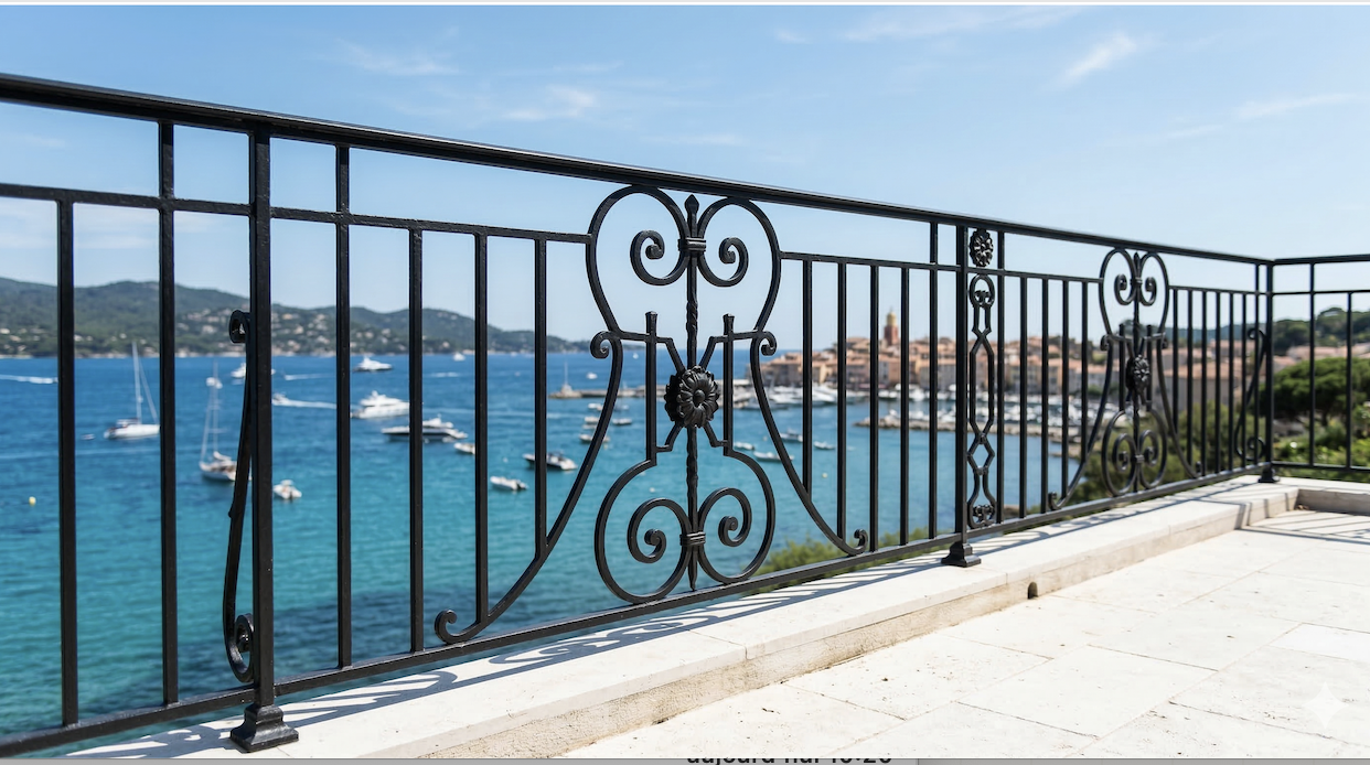 Garde-corps en fer forgé sur terrasse avec vue sur le Golfe de Saint-Tropez, Sainte-Maxime