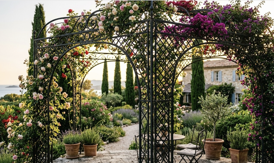 Pergola en fer forgé dans un jardin méditerranéen, réalisation Sam Ferronnerie Var