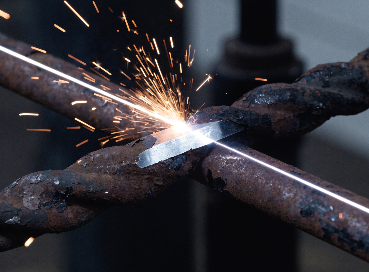 Décapage laser d'un barreau de fer forgé rouillé : faisceau laser en action