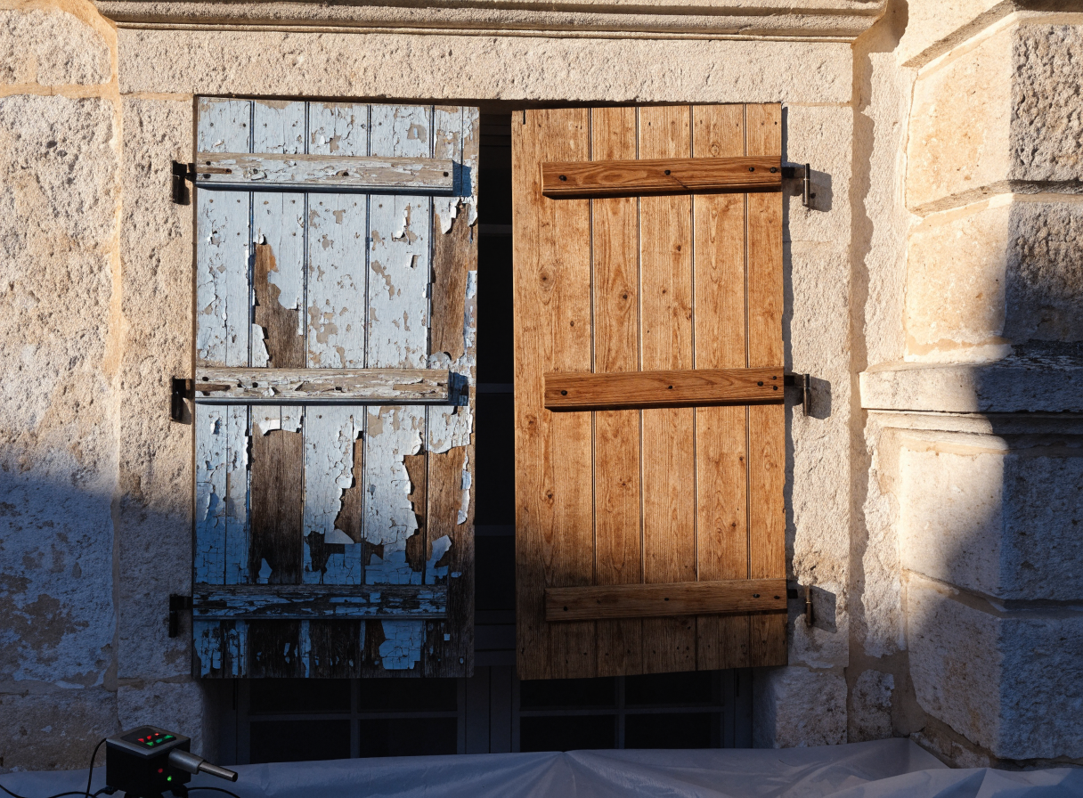 Décapage laser sur place de volets en bois restés sur la façade d'une maison provençale